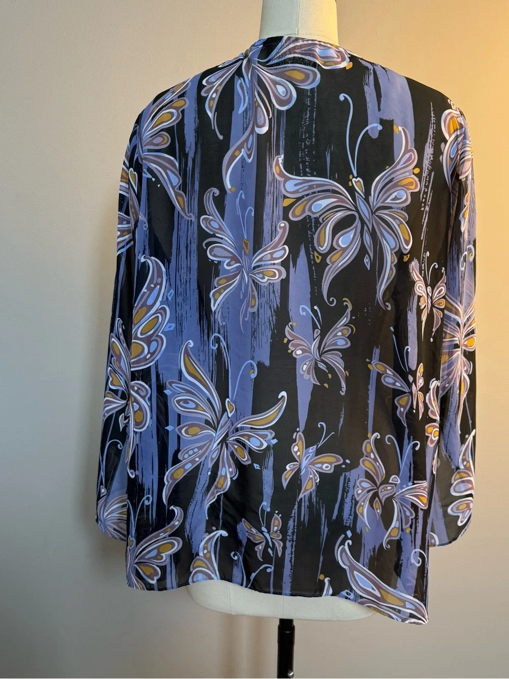 Bob Mackie Black Lavender Floral Print Sheer Blazer, 1X